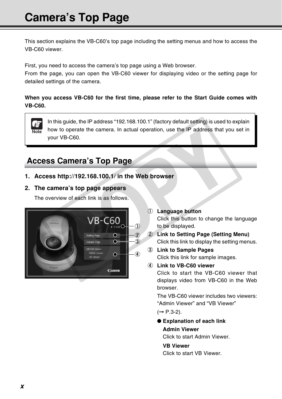 Cop y, Camera’s top page | Canon VB-C60 User Manual | Page 10 / 162
