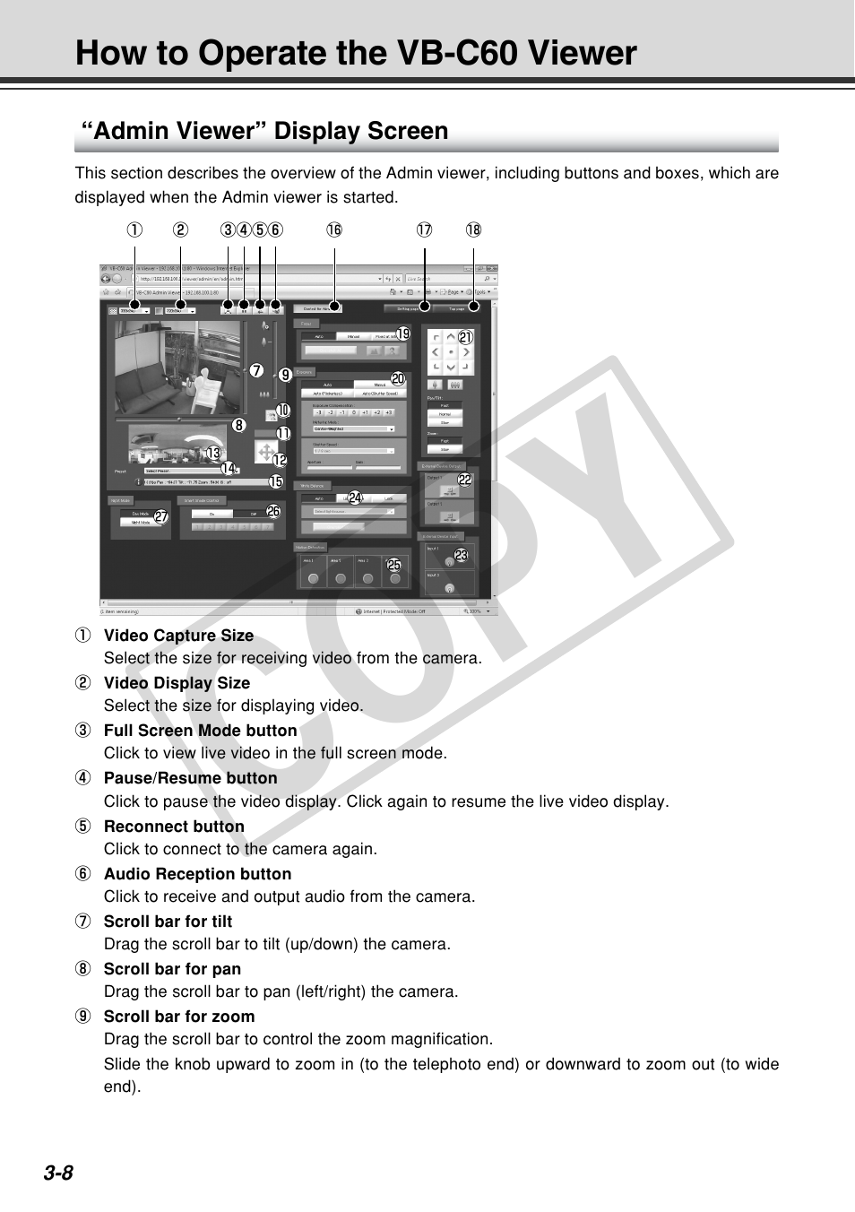 Cop y, How to operate the vb-c60 viewer, Admin viewer” display screen | Canon VB-C60 User Manual | Page 106 / 162