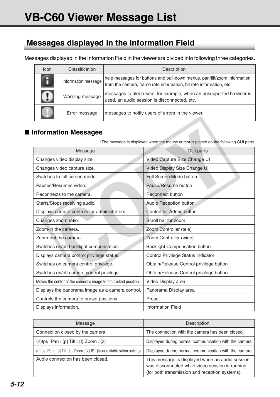 Cop y, Vb-c60 viewer message list, Messages displayed in the information field | Canon VB-C60 User Manual | Page 152 / 162