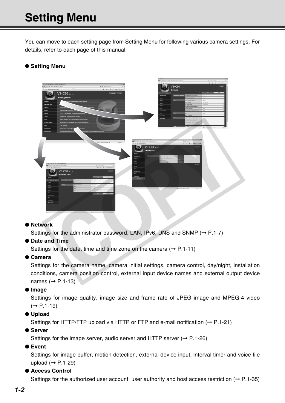 Cop y, Setting menu | Canon VB-C60 User Manual | Page 16 / 162
