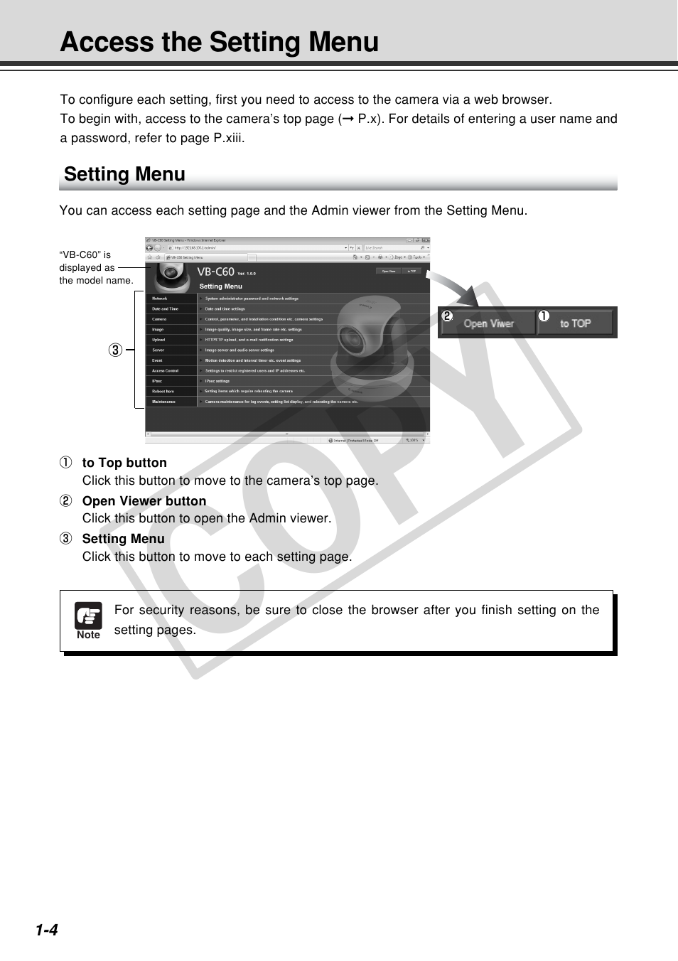 Cop y, Access the setting menu | Canon VB-C60 User Manual | Page 18 / 162