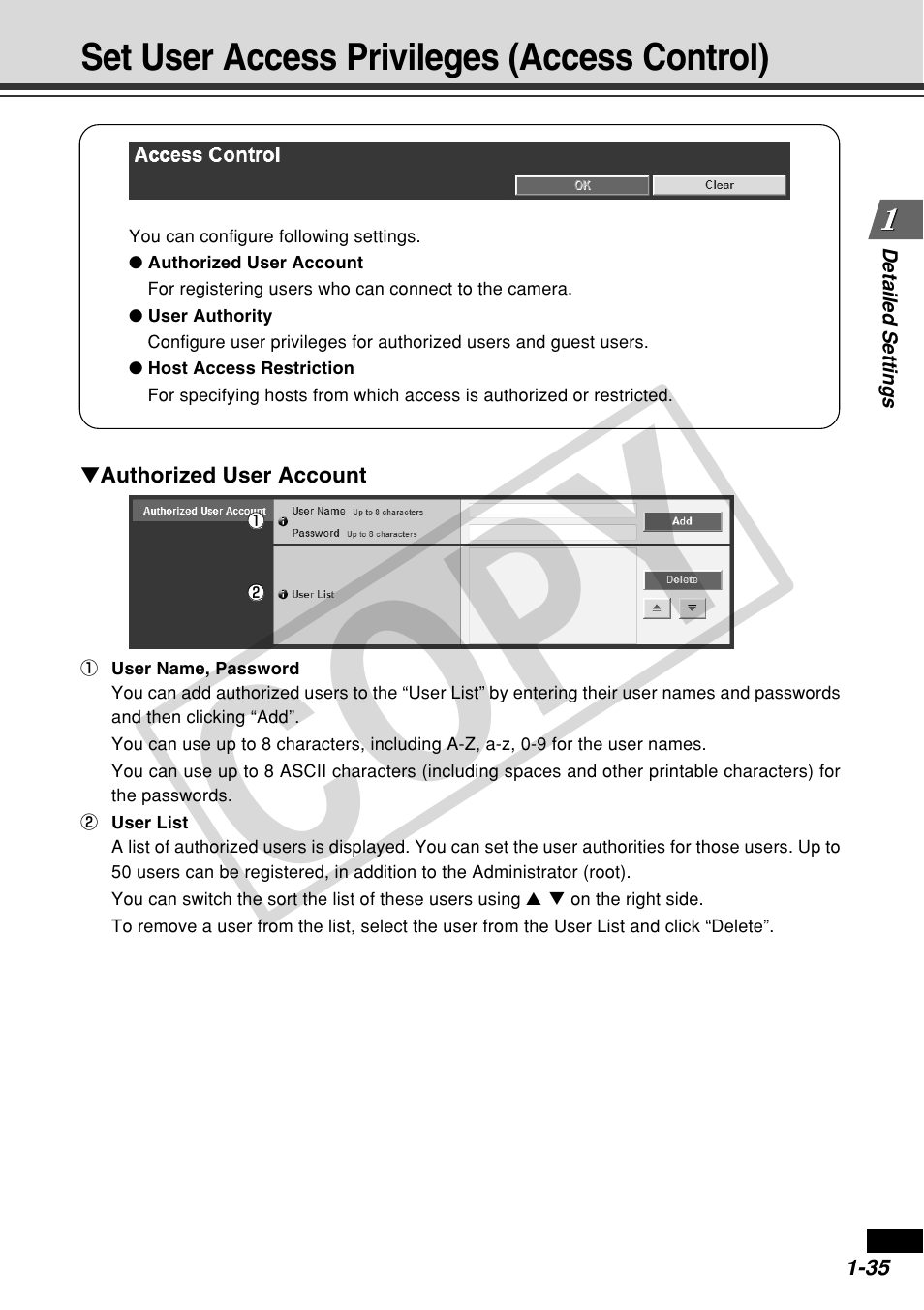 Cop y, Set user access privileges (access control) | Canon VB-C60 User Manual | Page 49 / 162
