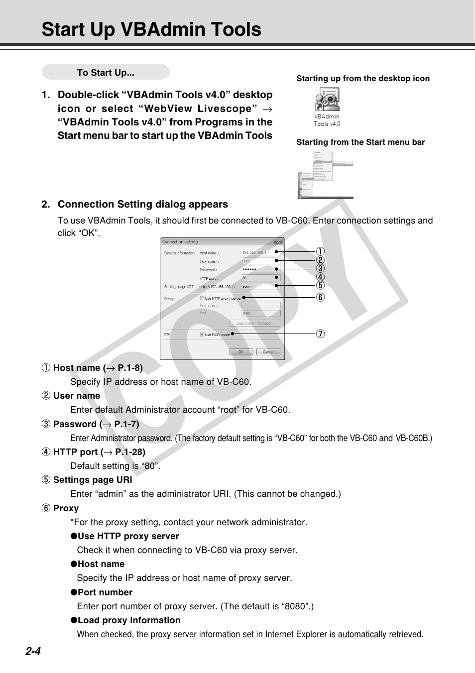 Cop y, Start up vbadmin tools | Canon VB-C60 User Manual | Page 62 / 162