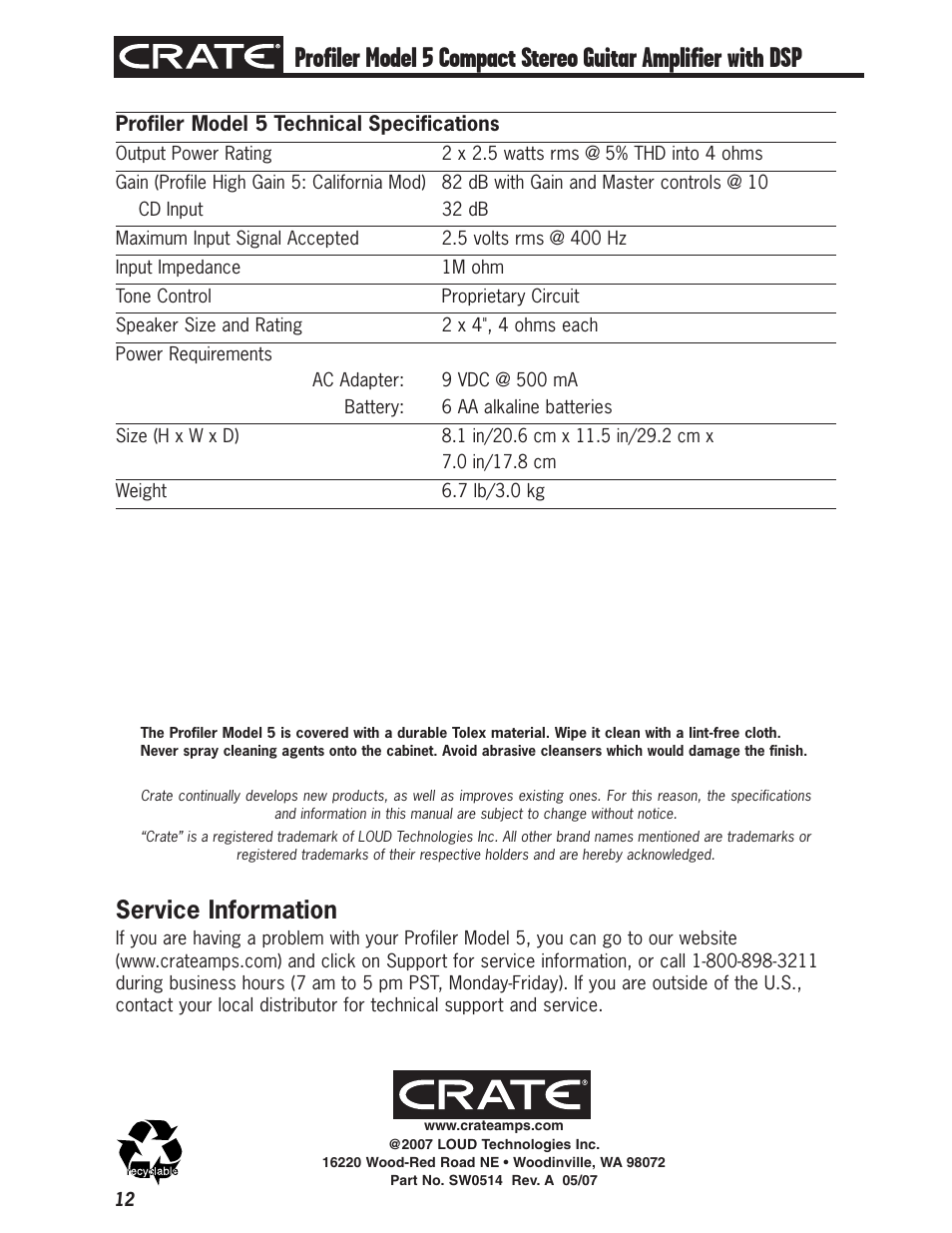 Service information | Crate Profiler5 User Manual | Page 12 / 12