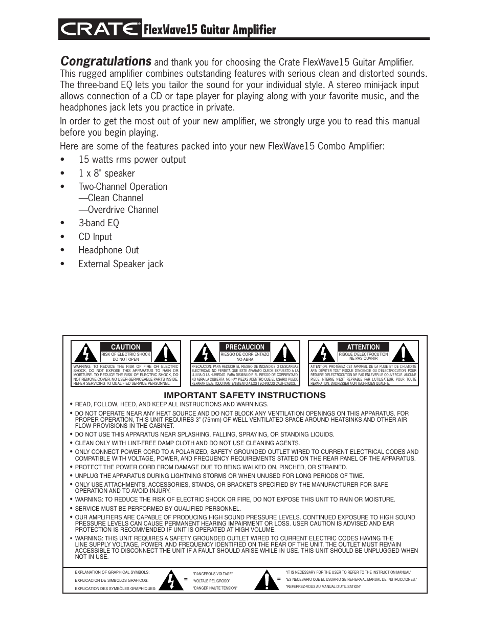 Flexwave15 guitar amplifier | Crate FW15 User Manual | Page 2 / 4