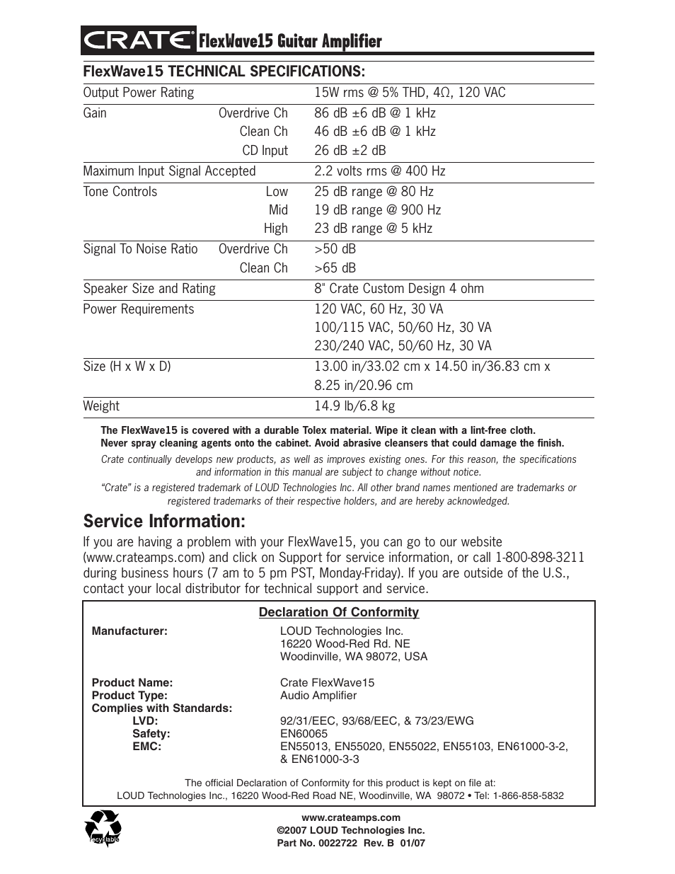 Flexwave15 guitar amplifier, Service information | Crate FW15 User Manual | Page 4 / 4
