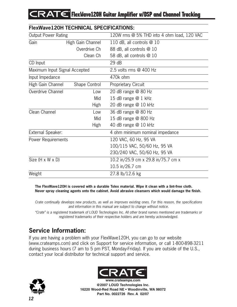 Service information | Crate FW120H User Manual | Page 12 / 12