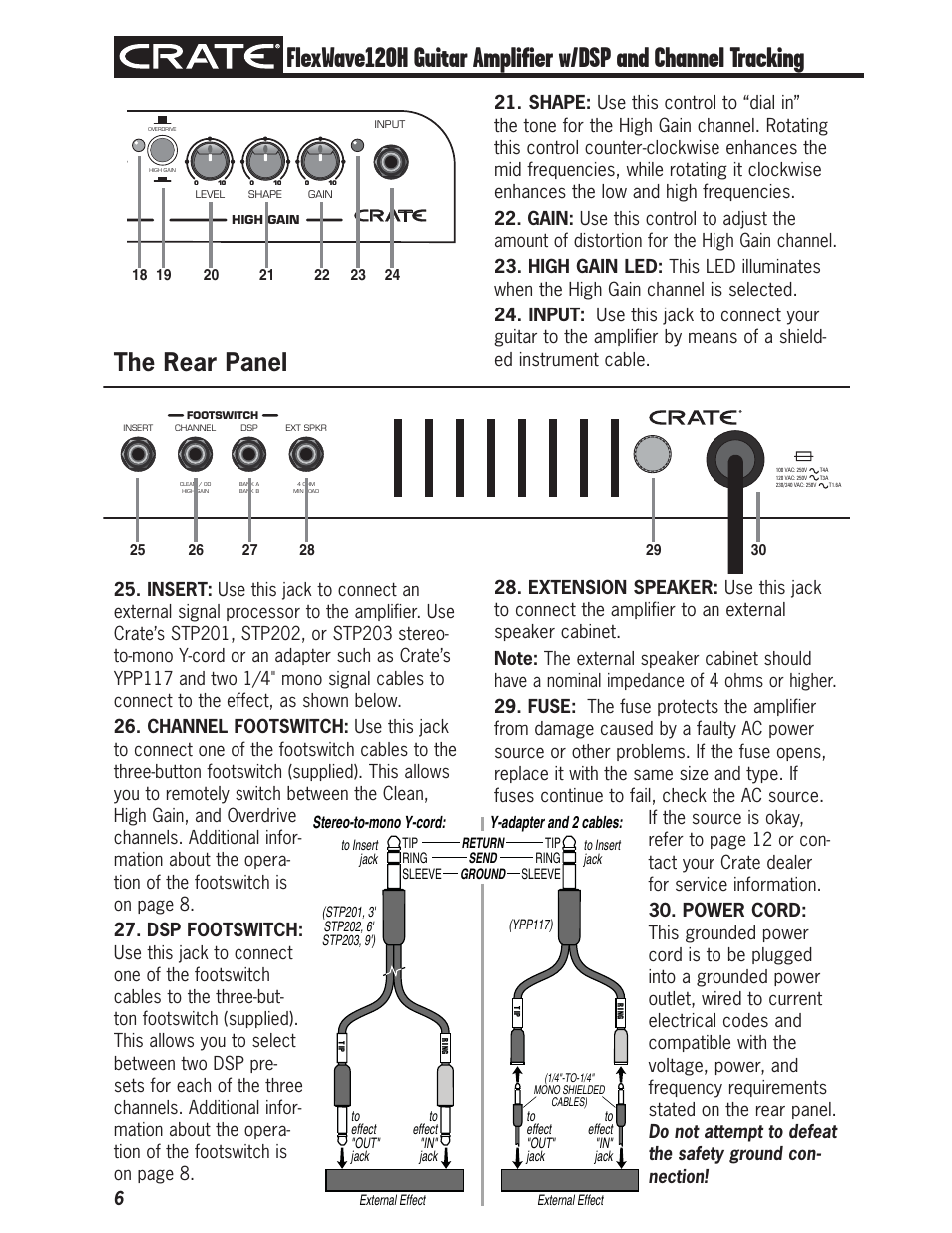 The rear panel, Stereo-to-mono y-cord, Y-adapter and 2 cables | Crate FW120H User Manual | Page 6 / 12