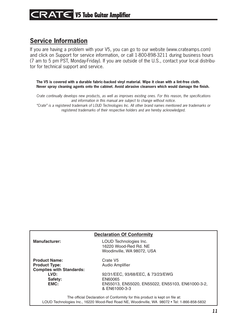 V5 tube guitar amplifier, Service information | Crate V5 User Manual | Page 11 / 12