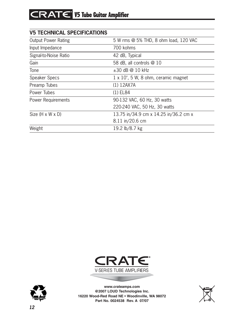 V5 tube guitar amplifier | Crate V5 User Manual | Page 12 / 12