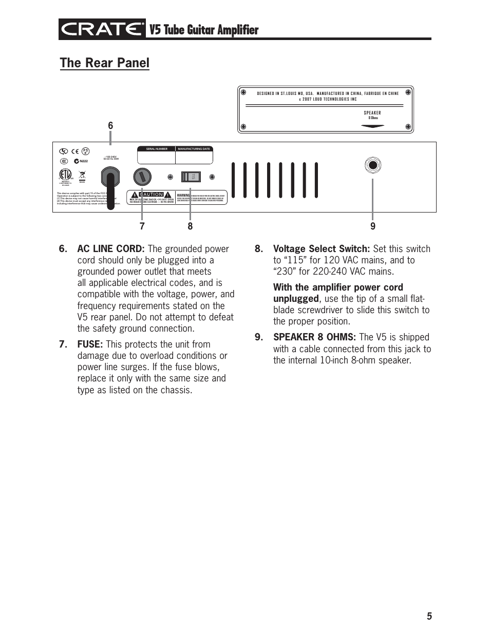 V5 tube guitar amplifier, The rear panel | Crate V5 User Manual | Page 5 / 12