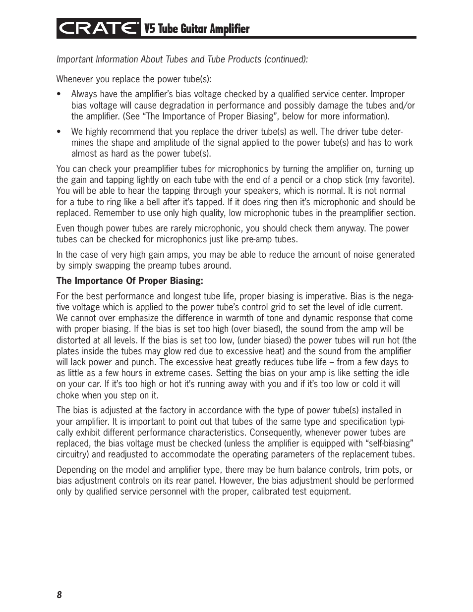 V5 tube guitar amplifier | Crate V5 User Manual | Page 8 / 12