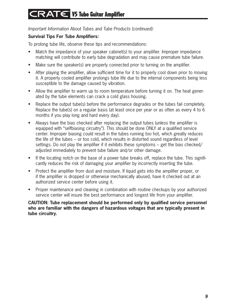 V5 tube guitar amplifier | Crate V5 User Manual | Page 9 / 12