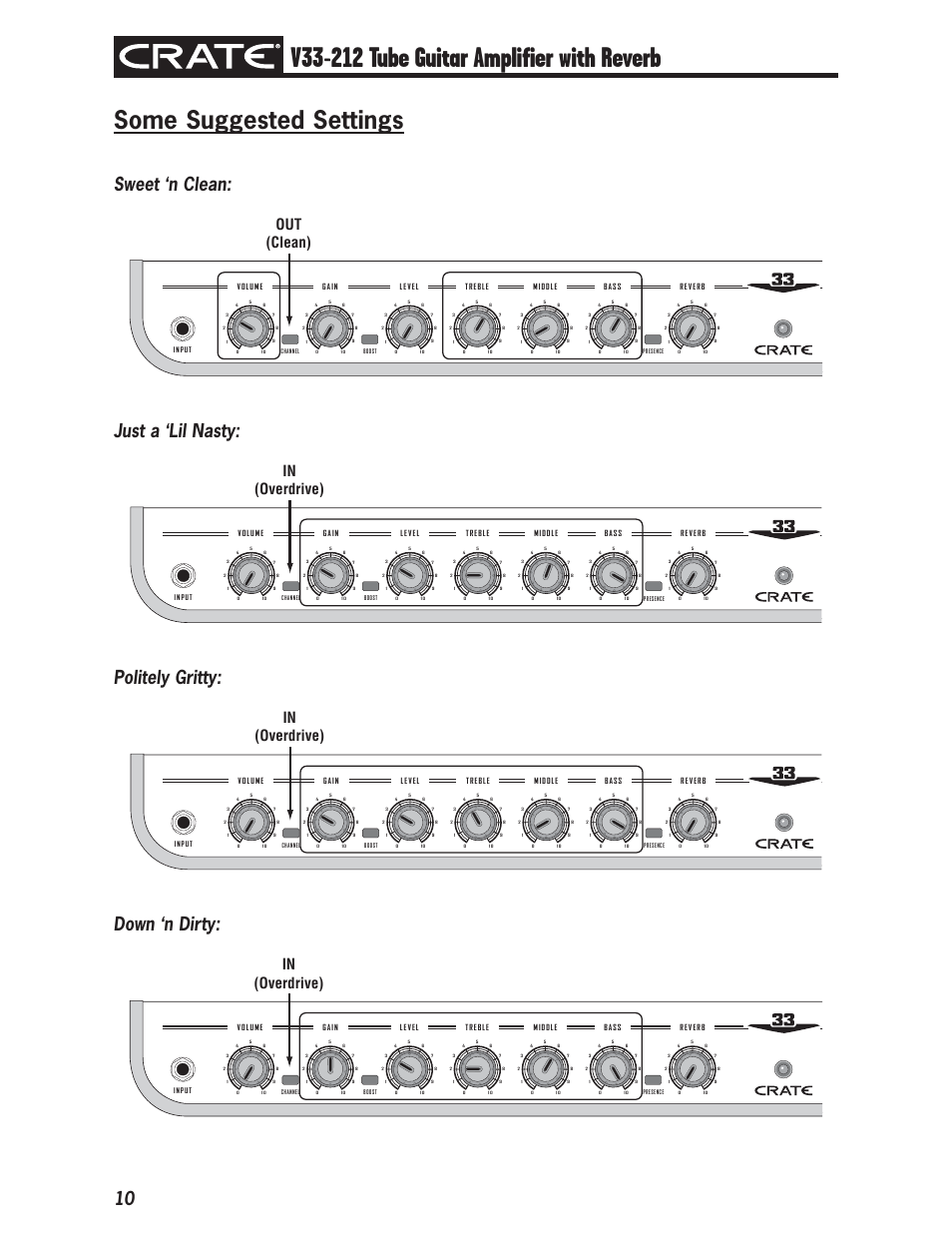 Some suggested settings, Sweet ‘n clean, Just a ‘lil nasty | Politely gritty, Down ‘n dirty, Out (clean) | Crate V33-212 User Manual | Page 10 / 12