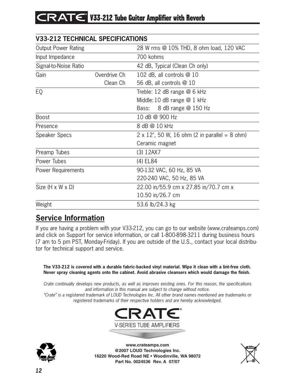 Service information | Crate V33-212 User Manual | Page 12 / 12