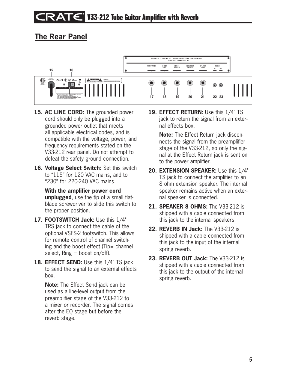 The rear panel | Crate V33-212 User Manual | Page 5 / 12