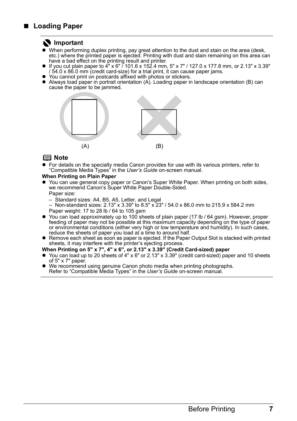 7before printing  loading paper | Canon iP1800 Series User Manual | Page 11 / 72