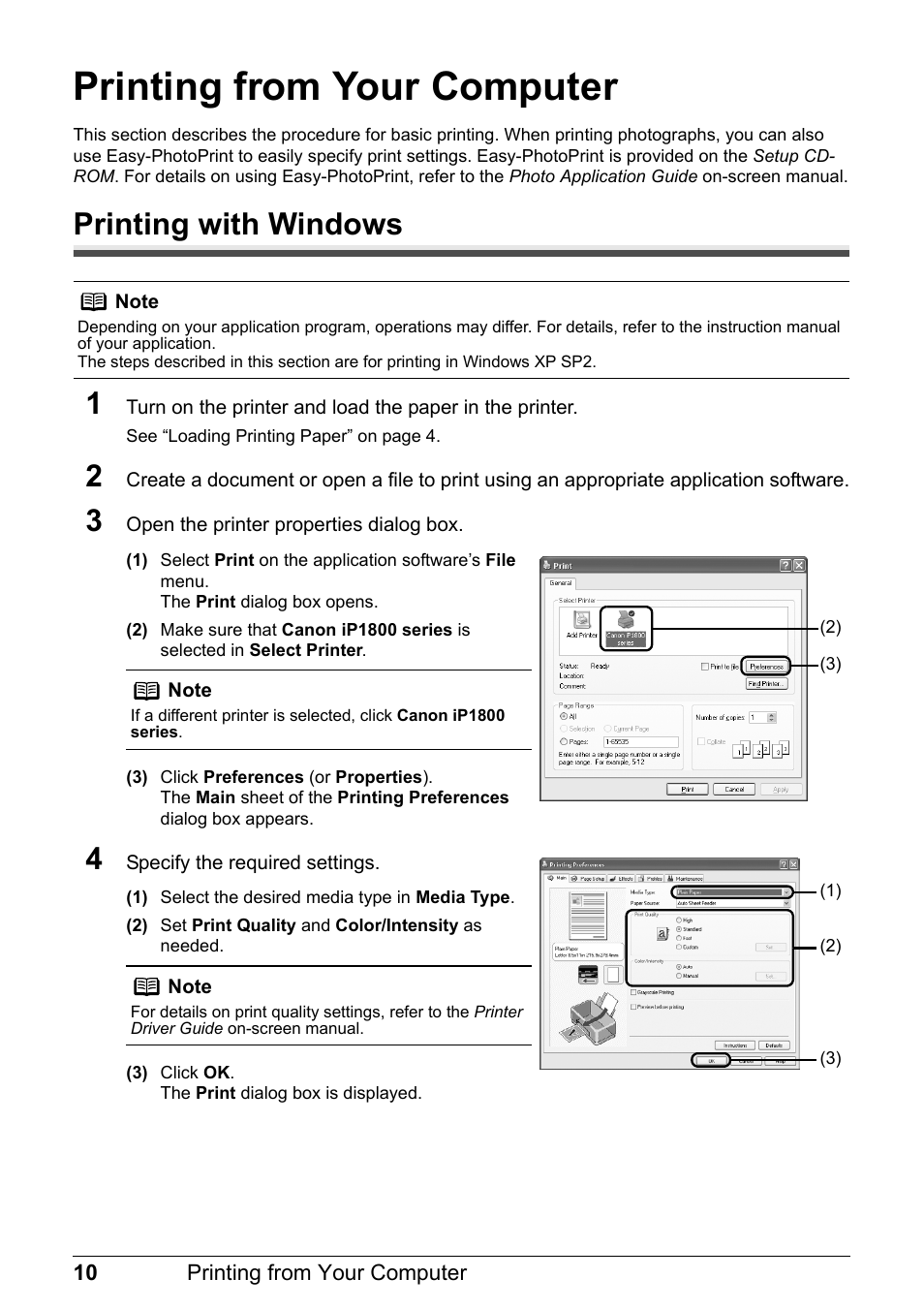 Printing from your computer, Printing with windows, Printing with windows 1 | Canon iP1800 Series User Manual | Page 14 / 72