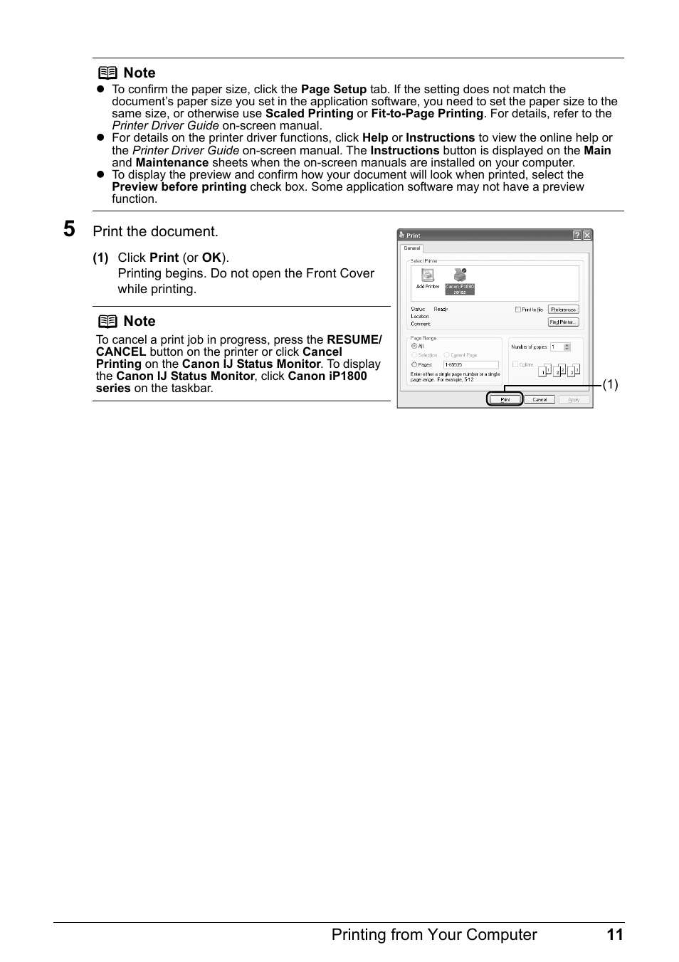 11 printing from your computer | Canon iP1800 Series User Manual | Page 15 / 72