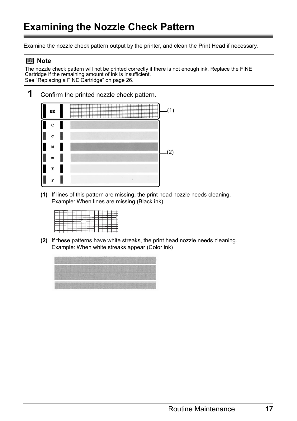 Examining the nozzle check pattern | Canon iP1800 Series User Manual | Page 21 / 72