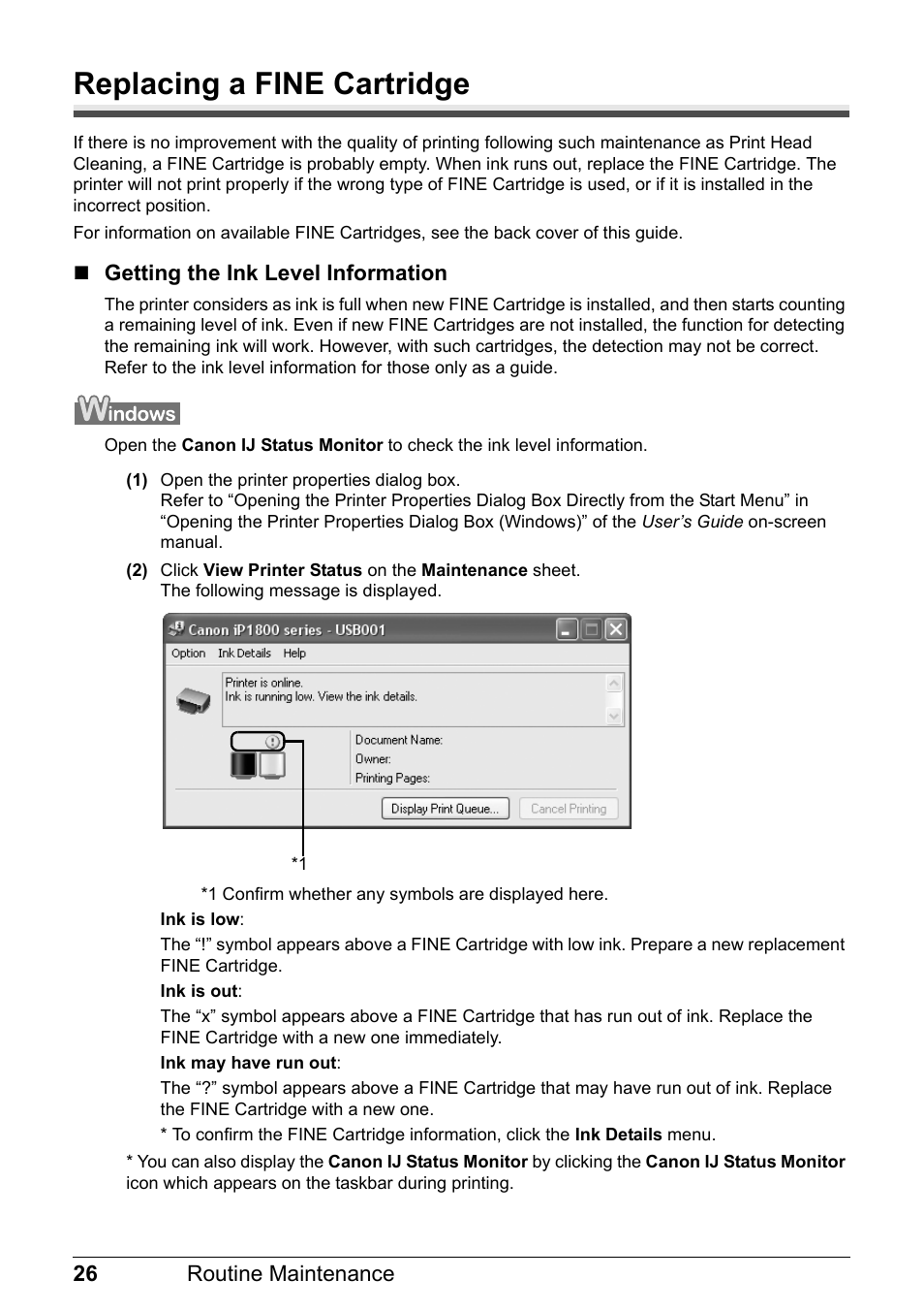 Replacing a fine cartridge | Canon iP1800 Series User Manual | Page 30 / 72