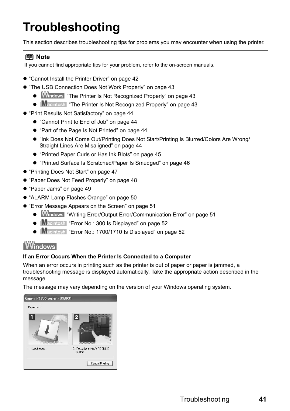 Troubleshooting | Canon iP1800 Series User Manual | Page 45 / 72