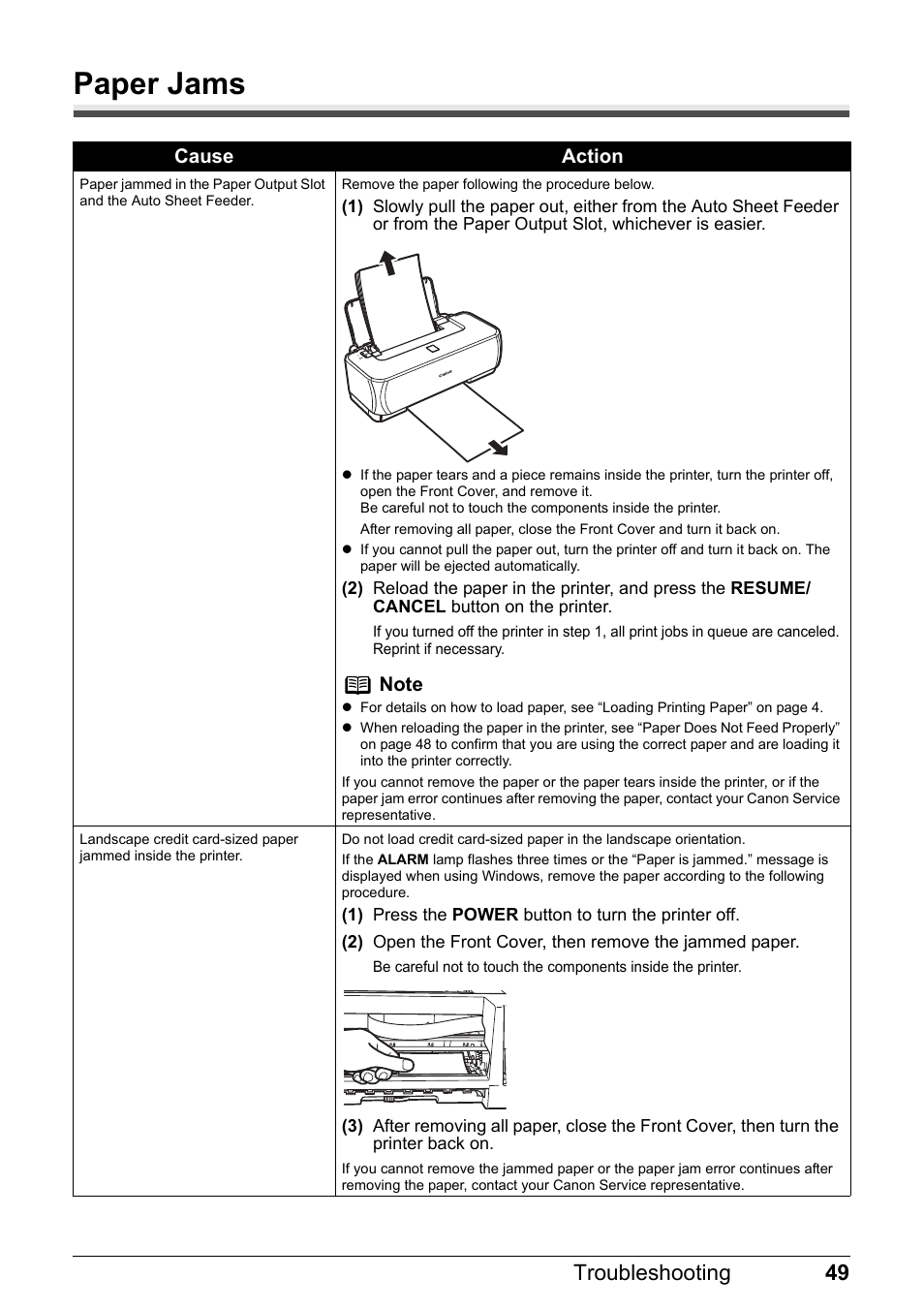 Paper jams, 49 troubleshooting | Canon iP1800 Series User Manual | Page 53 / 72