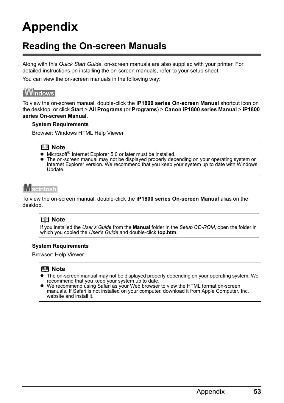 Appendix, Reading the on-screen manuals | Canon iP1800 Series User Manual | Page 57 / 72