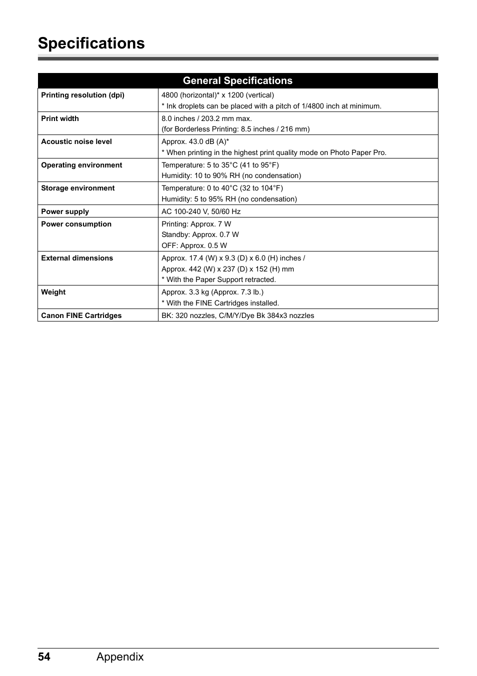 Specifications, 54 appendix, General specifications | Canon iP1800 Series User Manual | Page 58 / 72