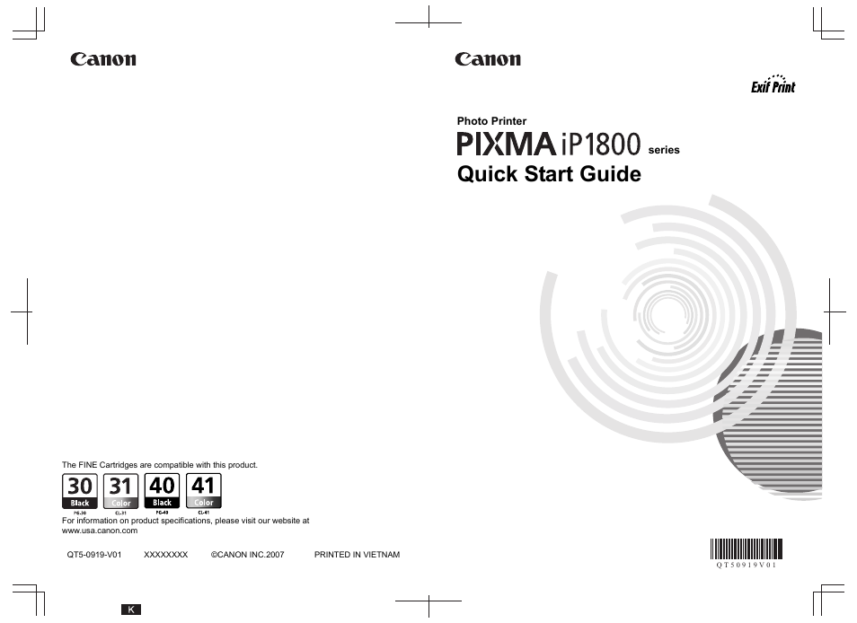 Quick start guide | Canon iP1800 Series User Manual | Page 72 / 72