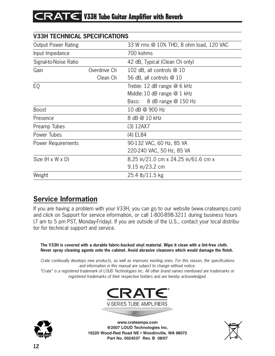 V33h tube guitar amplifier with reverb, Service information | Crate V33H User Manual | Page 12 / 12