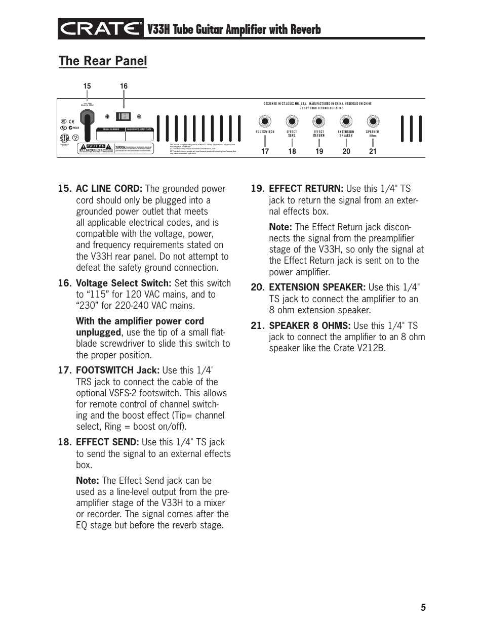 V33h tube guitar amplifier with reverb, The rear panel | Crate V33H User Manual | Page 5 / 12