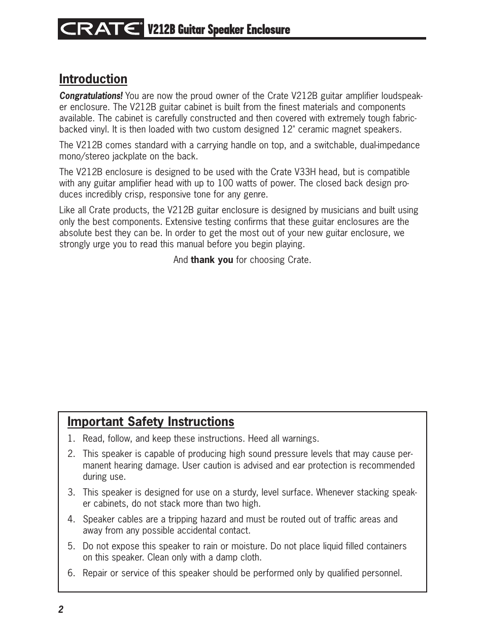 V212b guitar speaker enclosure, Introduction, Important safety instructions | Crate V212B User Manual | Page 2 / 4