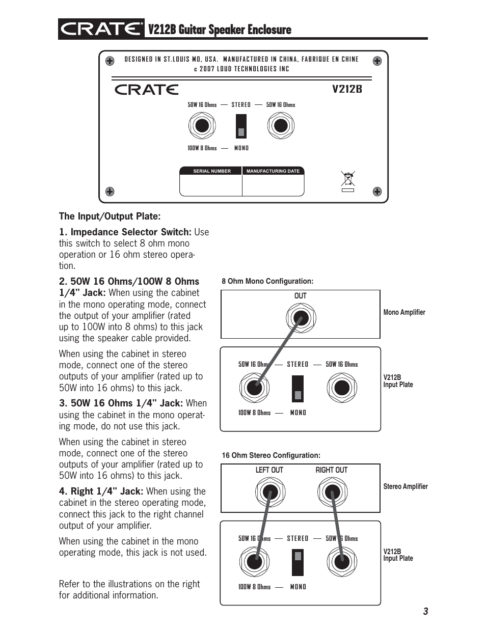 V212b guitar speaker enclosure, V212b | Crate V212B User Manual | Page 3 / 4