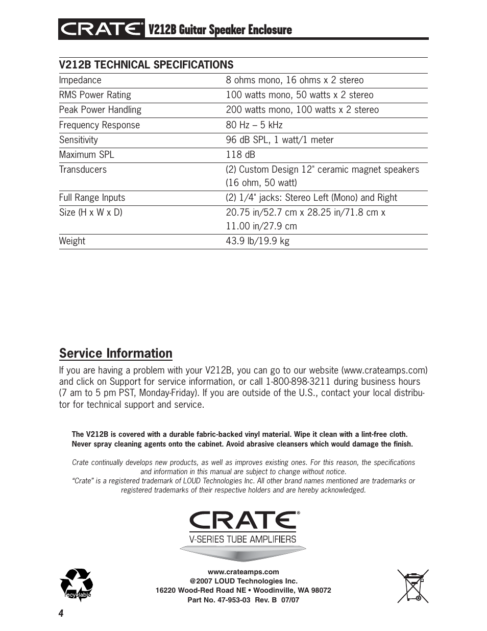 V212b guitar speaker enclosure, Service information | Crate V212B User Manual | Page 4 / 4