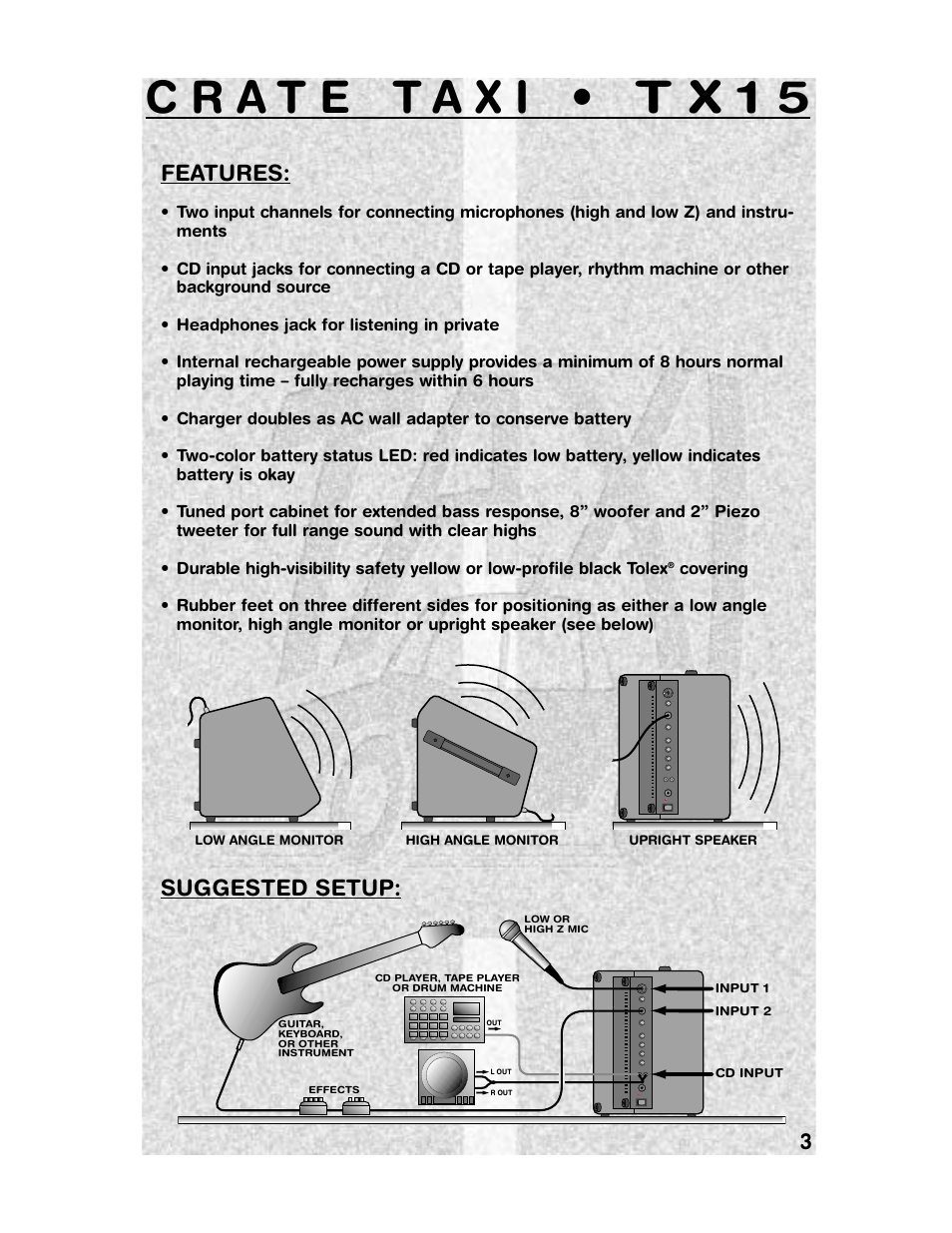 Features, Suggested setup: 3 | Crate TX15 User Manual | Page 3 / 8