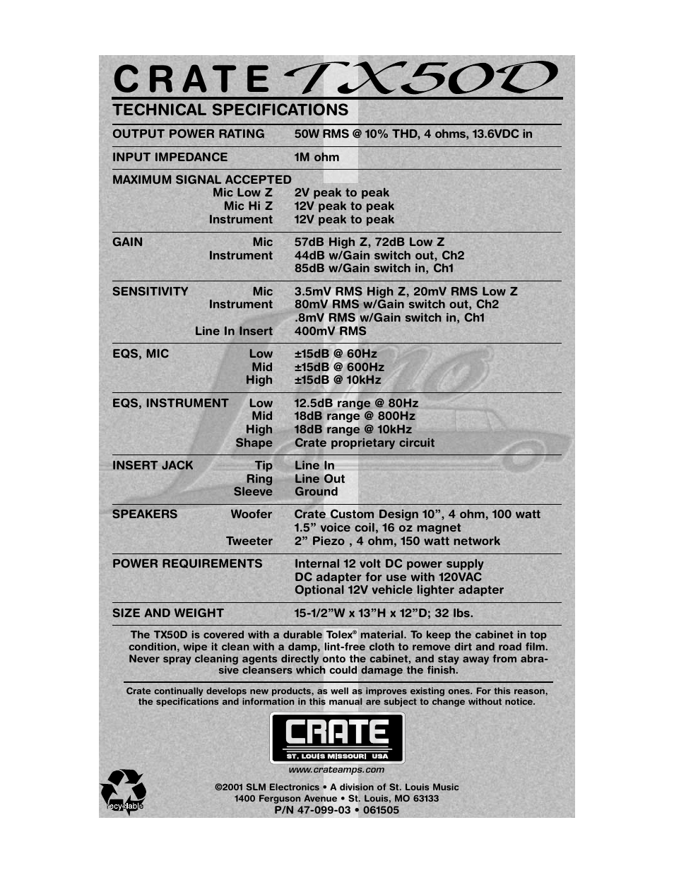Technical specifications | Crate TX50DB User Manual | Page 12 / 12