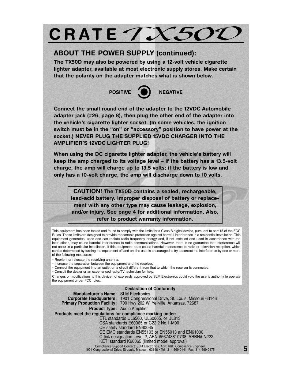 5about the power supply (continued) | Crate TX50DB User Manual | Page 5 / 12