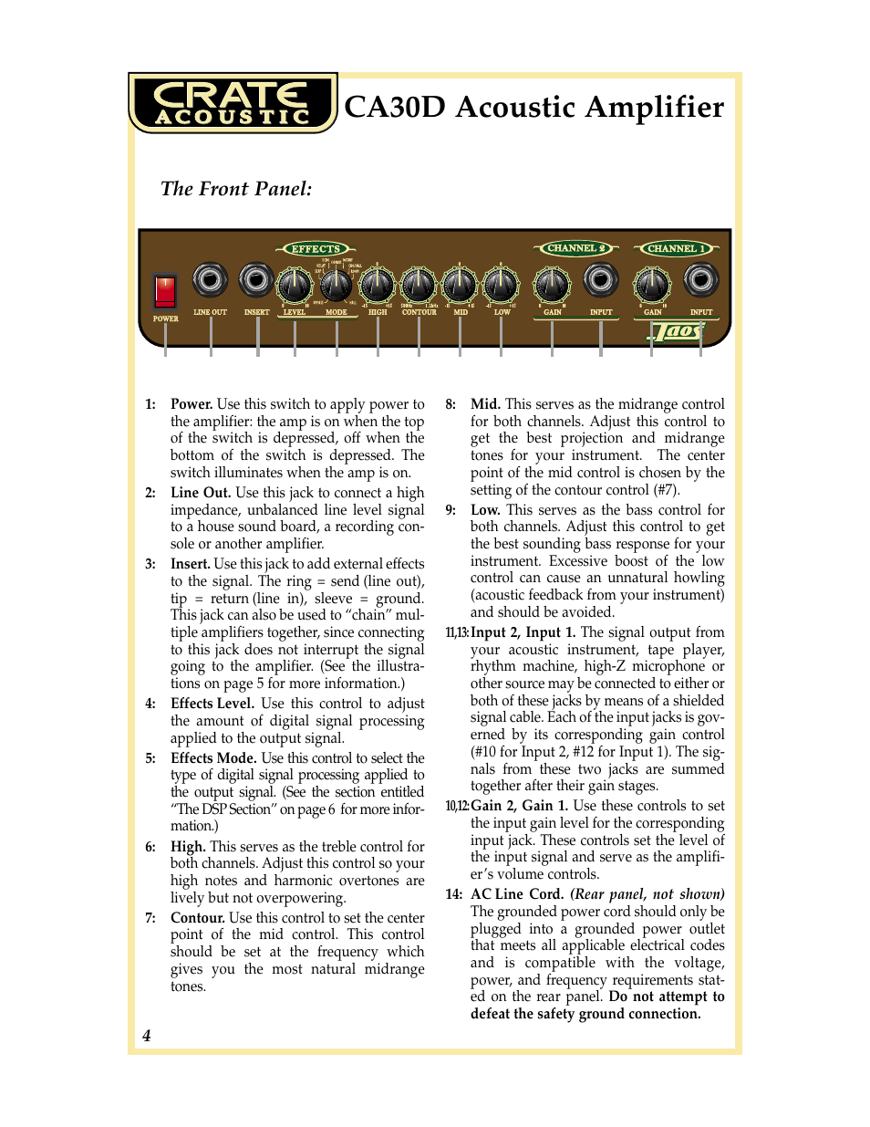 Ca30d acoustic amplifier, The front panel | Crate CA30DG User Manual | Page 4 / 8