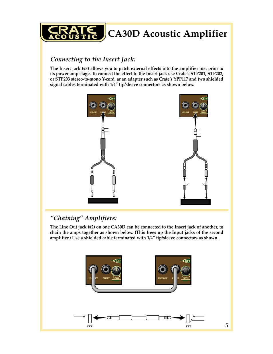 Ca30d acoustic amplifier, Connecting to the insert jack, Chaining” amplifiers | Amp 1 | Crate CA30DG User Manual | Page 5 / 8