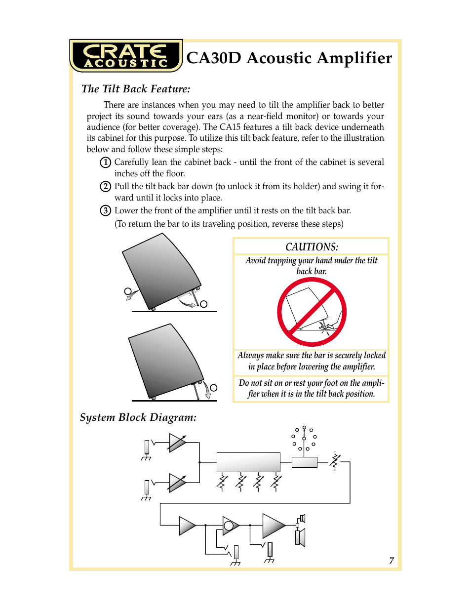 Ca30d acoustic amplifier, System block diagram, The tilt back feature | Cautions | Crate CA30DG User Manual | Page 7 / 8