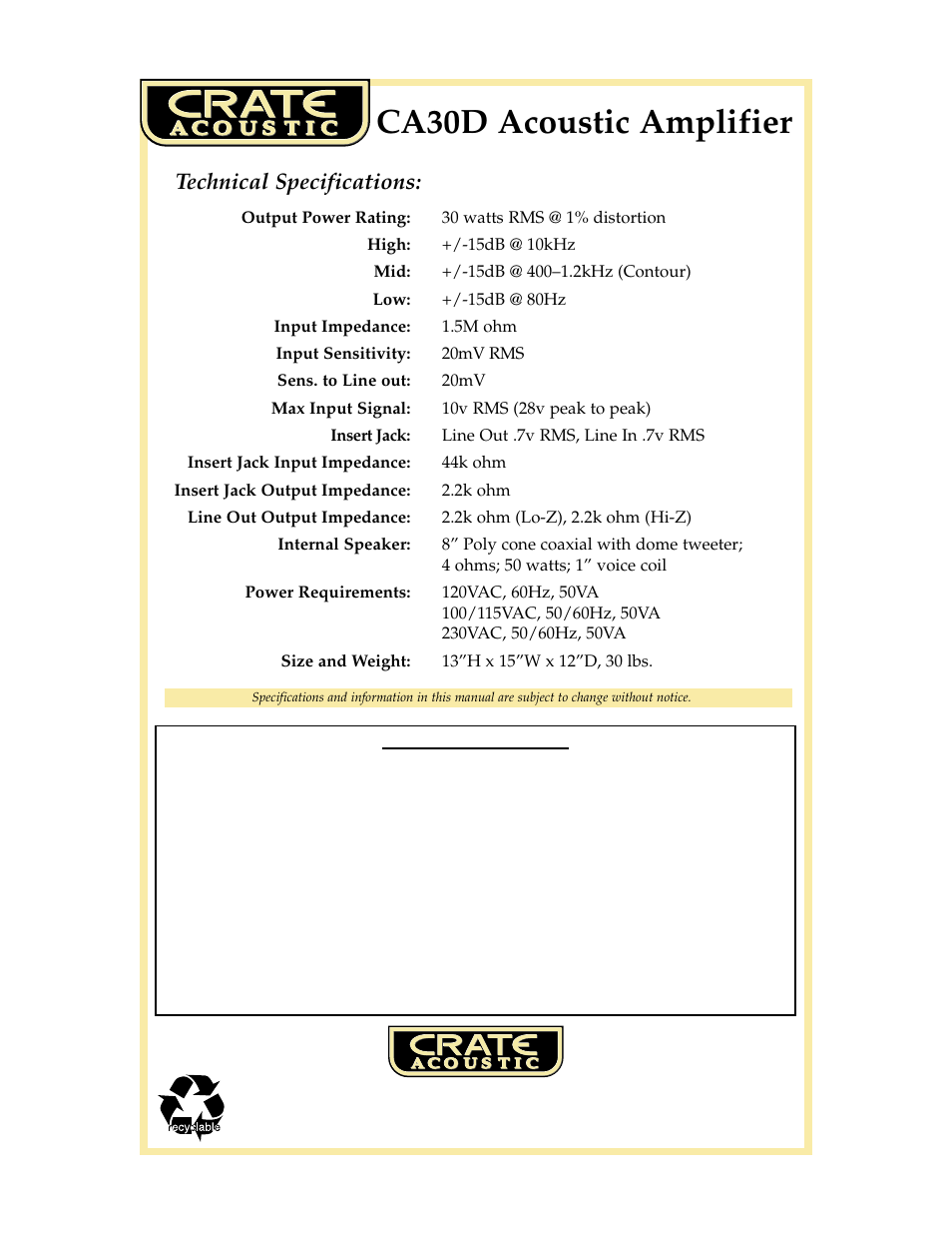 Ca30d acoustic amplifier, Technical specifications | Crate CA30DG User Manual | Page 8 / 8