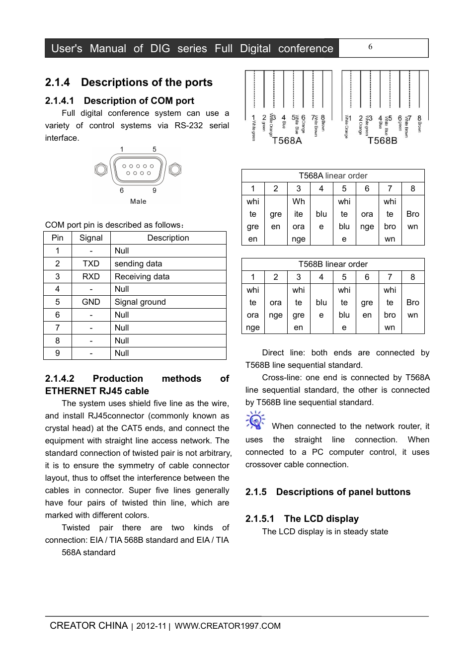 4descriptionsoftheports, 1descriptionofcomport, 2productionmethodsofethernetrj45cable | 5descriptionsofpanelbuttons, 1thelcddisplay | CREATOR DIG Series Full Digital conference system User Manual | Page 13 / 61