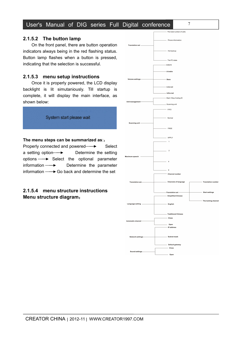 2thebuttonlamp, 3menusetupinstructions, 4menustructureinstructions | CREATOR DIG Series Full Digital conference system User Manual | Page 14 / 61