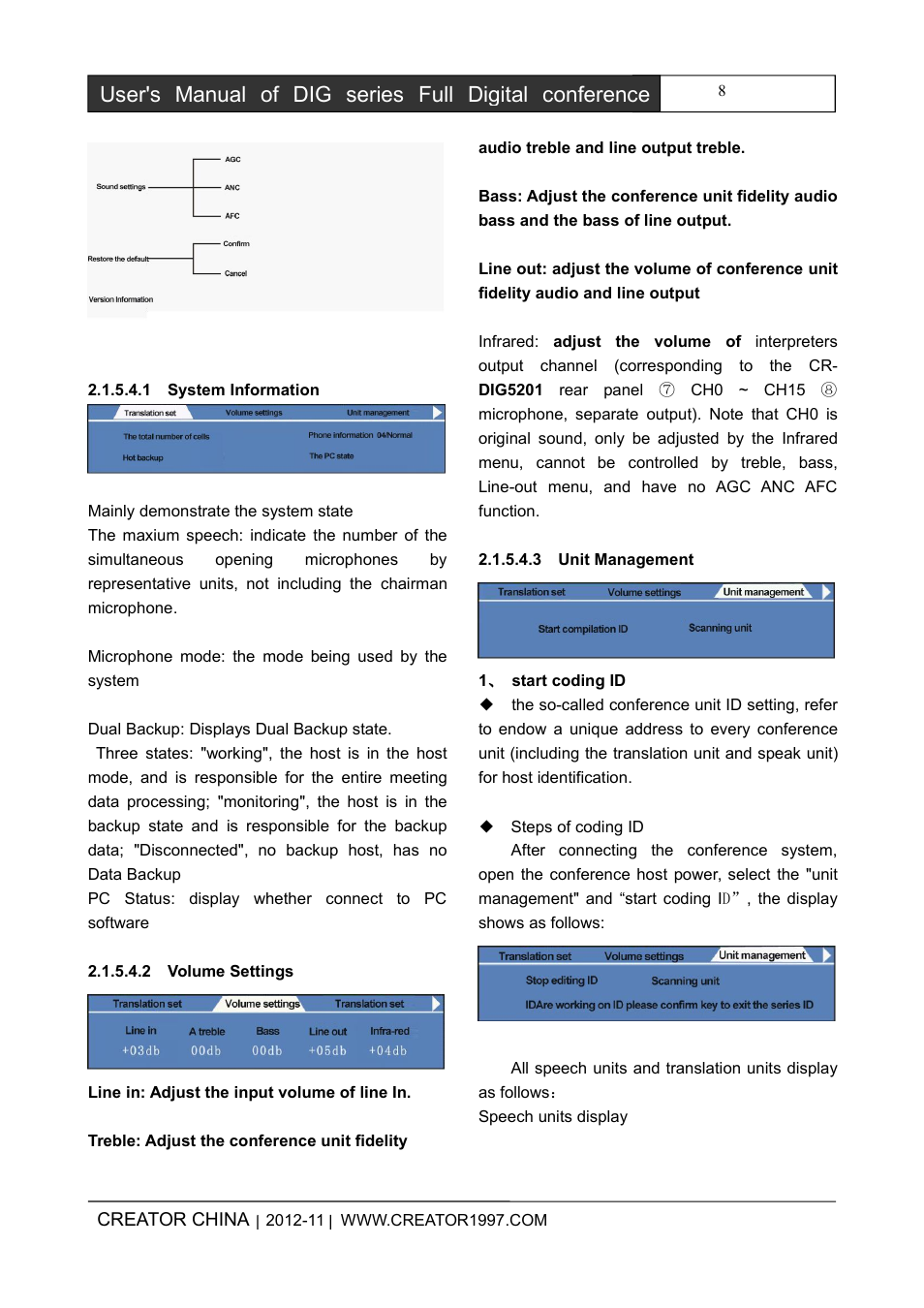 1systeminformation, 2volumesettings, 3unitmanagement | CREATOR DIG Series Full Digital conference system User Manual | Page 15 / 61