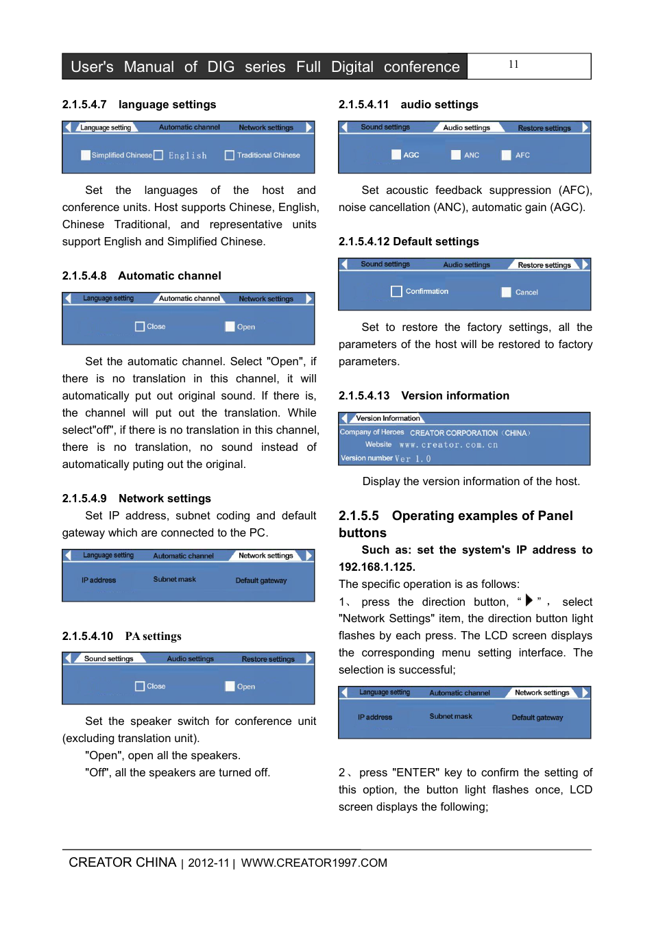 7languagesettings, 8automaticchannel, 9networksettings | 10pasettings, 11audiosettings, 12defaultsettings, 13versioninformation, 5operatingexamplesofpanelbuttons | CREATOR DIG Series Full Digital conference system User Manual | Page 18 / 61