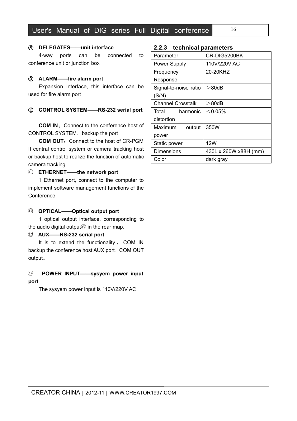 3technicalparameters | CREATOR DIG Series Full Digital conference system User Manual | Page 23 / 61