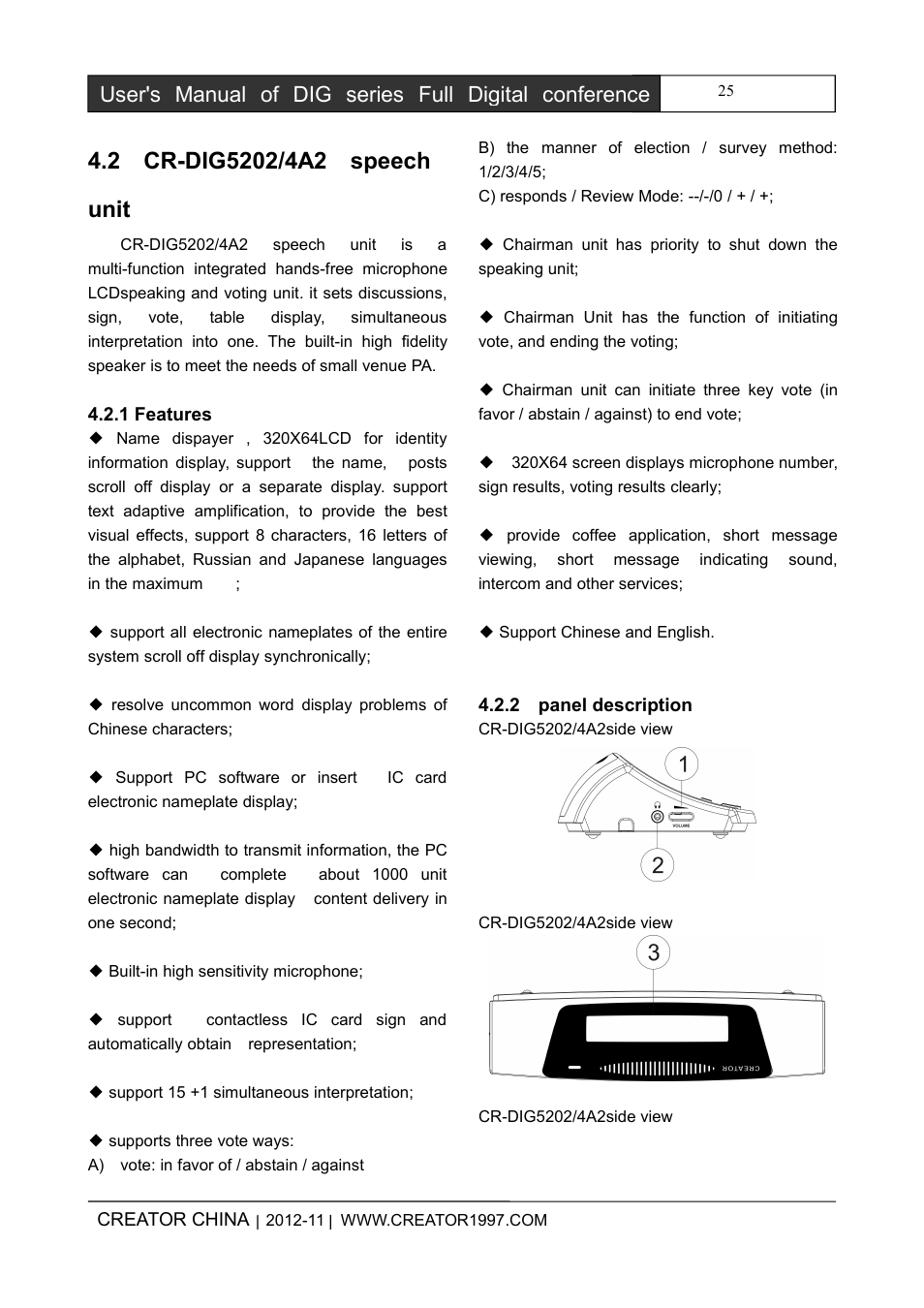 2cr-dig5202/4a2speechunit, 1features, 2paneldescription | CREATOR DIG Series Full Digital conference system User Manual | Page 32 / 61
