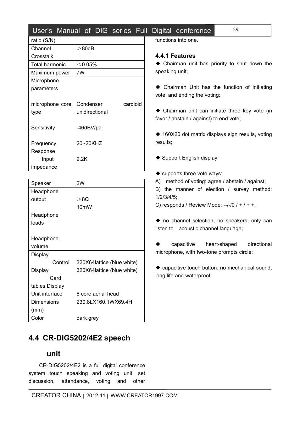 Cr-dig5202/4e2speechunit, 1features | CREATOR DIG Series Full Digital conference system User Manual | Page 36 / 61