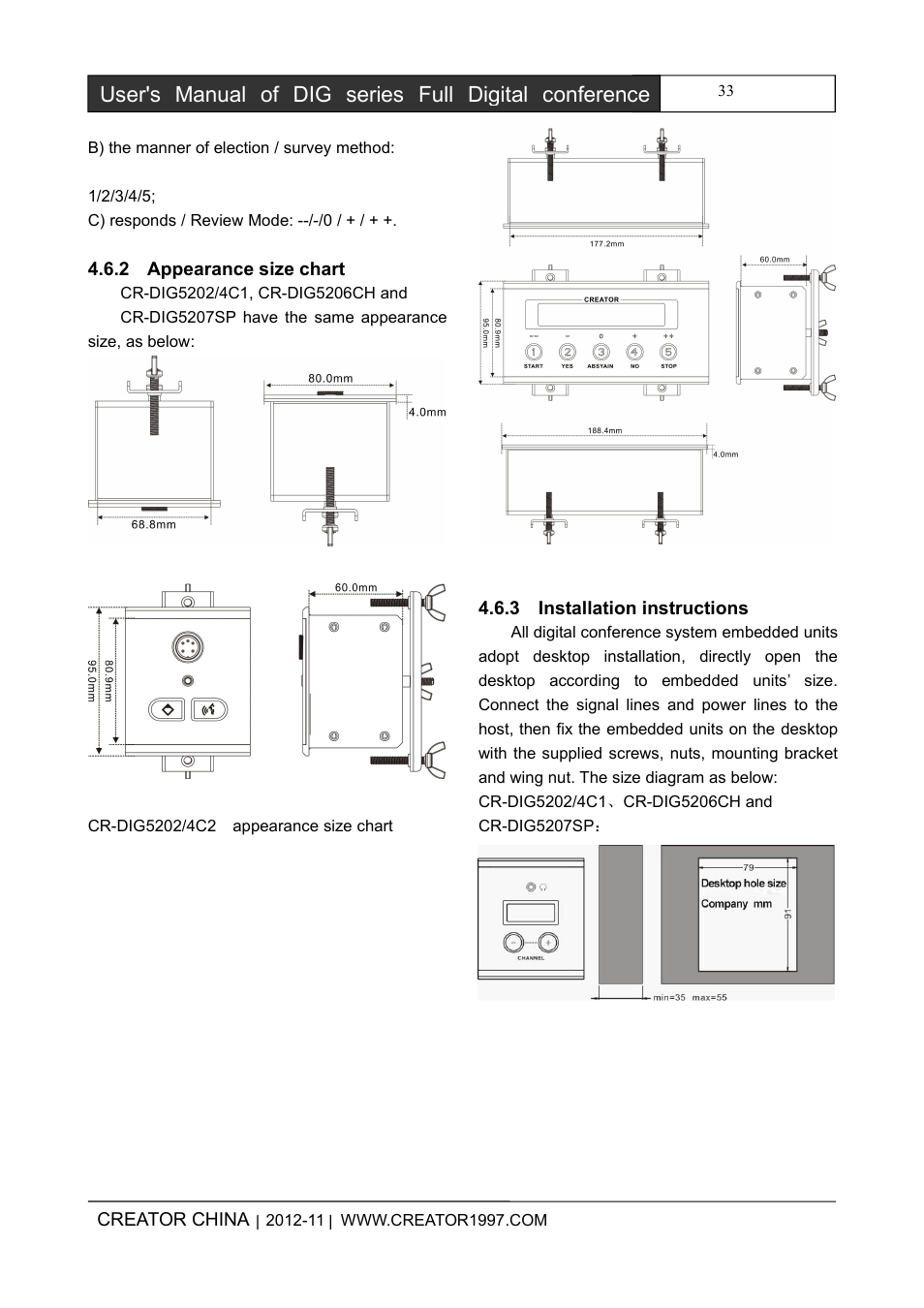 2appearancesizechart, 3installationinstructions | CREATOR DIG Series Full Digital conference system User Manual | Page 40 / 61